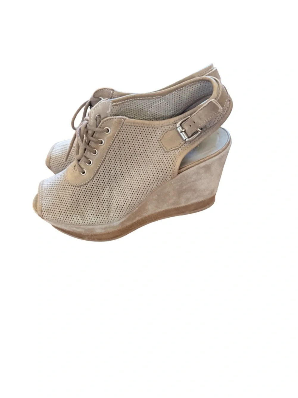 Cordani Suede Peep-Toe Wedge Sandals in Beige